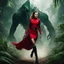 Placeholder: a woman Star Trek security officer with short red dress and dark high boots, she is running fast, to escape a monster. The monster looks like Cthulhu, in the wild jungle