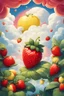 Placeholder: An advertisement poster for a cartoon character, a strawberry, a lemon, and a fantasy cloud, and a dazzling background for a home and garden