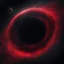 Placeholder: an ominous deep red and black black hole floating in deep space