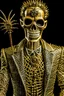 Placeholder: a skeleton in a suit holding a skull, with spikes, in the style of techno shamanism, made of wire, mixes realistic and fantastical elements, dracopunk, intricate costumes, splattered/dripped, close up