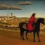 Placeholder: a man on a horse with a town in the background, medieval style