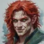 Placeholder: dnd, fantasy, watercolour, portrait, illustration, stylistic, male, face, green eyes, determined, happy, red hair, very long hair, radiating light, five o'clock shadow