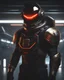 Placeholder: male astronaut intense golden red eyes, wearing Cyberpunk clothes, uniform with his arms made of metal, without helmet, realistc, against a dark background of inside a space station at night. detailed-eyes, details-face, details-lips,LuxuriousNeons Costume, silver dress,tape_clothes,tape,upshirt