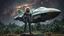 Placeholder: A full-body photorealistic image of an adventurous older woman from the future, dressed in a tailored, full-body spacesuit, stands proudly beside her huge cargo spaceship, no wings, standing on a metal box. Her untidy, blond hair has bangs, standing in a jungle clearing. The scene is framed by a cosmic expanse of stars and nebulas.