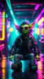 Placeholder: bw portrait of Hairy Gremlin pimp ninja yoga cyber punk in flying hipster tractor parked in dark neon lit reflective misty wet arcade hall tunnel,bokeh like f/0.8, tilt-shift lens 8k, high detail, smooth render, down-light, unreal engine, prize winning