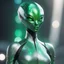 Placeholder: Focus on the figure of a green galactic female alien, her skin shimmering with iridescent green. Her eyes, large and multifaceted like precious gemstones, sparkle with a mischievous glint. Clad in a sleek silver suit that hugs her slender form, she moves with a grace that is otherworldly, her movements fluid and elegant. The suit seems to be woven from strands of liquid mercury, reflecting the ambient light in dazzling patterns that dance across its surface.