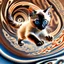 Placeholder: A high-speed action shot of a young Siamese kittenwith brown ears, captured in mid-leap or play. The image is detailed and intricate, featuring swirling fractal patterns surrounding the kitten, enhancing the sense of motion and energy. In the background, there's a mesmerizing fractal landscape, with complex geometric shapes and vibrant colors. The landscape and the fractal patterns around the puppy blend seamlessly, creating a dynamic and visually captivating scene in space with chrome silver pl