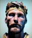 Placeholder: Gran angular, Realistic image, roman sculpture, marble deluxe material, Lionel Messi, gold Laurel leaves crown model, miguel angel style, chisel style, emperador, God light, god rays, 4k resolution, smooth details, ornate details, soft lighting, unreal engine 5, soft cyan background.