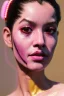 Placeholder: Realistic image, Rosalía artist, portrait, waist up portrait, long black eye line, sweet, gold and pink geisha style, spray glow make up, led lights, neon, led piercing nose, led ornament, fog, bubble latex coat, vibrant color, highly detailed, art stations, concept art, smooth, unreal engine 5, god rays, ray tracing, RTX, lumen lighting, ultra detail, volumetric lighting, 3d, finely drawn, high definition, high resolution.