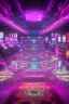 Placeholder: A dark photo of a full panoramic view an 80's aesthetics arcade at night, with a lot of functioning arcade machines, a vaporwave floor and some colorful tiles in between the floor. Purple aesthetics. Full panoramic view