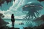 Placeholder: A woman with dark hair, in an android suit, looking out over a lake, in an alien forest, with tall cloud trees, flying Portuguese men of war with octopus tentacles