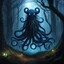 Placeholder: [high res photo] creature from the depths of the dark forest, a shadowy being with tentacles for arms and eyes that glow in the night. This monster wears socks in knitwear, with a pattern resembling ancient runes. The socks pulsate with an eerie energy, matching the creature's otherworldly presence.