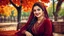 Placeholder: Hyper Realistic Photographic View of a Young Beautiful Pashto Woman with beautiful eyes & lips in maroon-dress-with-red-embroidery-&-black-velvet-dupatta, Smiling having Dimples on her cheeks & sitting on a fancy-wooden bench in an-autumn-park with Orange Leaves on the grungy-land with an old-thick-tree & sun-rays casting-tree-shadow showing dramatic & cinematic ambiance.