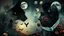 Placeholder: Digital collage of various images and elements such as animal faces, shadows, planets, fog, abstract symbols, haze, plants, flowers, maps, birds, angel wings, feathers, eyes, strange things, The collage consists of distorted and glitchy shapes and layers, Deep, dark colors, surreal mood, The images and elements are related to themes of surrealism, paranoia, thriller and conspiracy, nightmare.