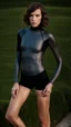 Placeholder: photography of a beautiful anorexic woman, anthracite satin triathlon top, sports illustrated, brunette short wavy bob haircut, pronounced sternum, flat chest, anthracite short leggins