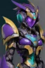 Placeholder: One Genderless Cyborg made of old rusted metal, has a human like face with a really long violet ponytail, the armor is similar to Omega from Megaman. The color palatte of the armour is deep purple and yellow. They have Turquoise colured eyes. The Background is dark grey.