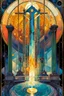 Placeholder: Create a chaotic abstract cubist Tarot Card depicting ,The Four of Swords , in the style of Bill Sienkiewicz, Philippe Druillet, Gustav Klimt, Alphonse Mucha, and Jean Giraud Moebius, precisely drawn, colored and inked, in muted colors, with ornate bordered edges