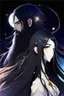 Placeholder: Celestial anime girl, long black hair, with bearded man