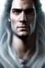 Placeholder: Henry cavil Perfect face, long white hair, wearing The witcher 3, realistic, 4k,