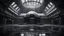 Placeholder: spaceship landing inside dark, wet, cathedral-like mysterious gigantic old futuristic sci-fi hangar, very high ceiling, photographic, black and white