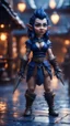 Placeholder: full figure with metallic stone gauntlets holding dark blue jagged dagger, standing on wet tiled floor outside fantasy tavern, female asian vampire gnome from worms armageddon wearing makeup, bokeh like f/0.8, tilt-shift lens 8k, high detail, smooth render, down-light, unreal engine, prize winning