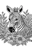 Placeholder: portrait of cute zebra and background fill with flowers on white paper with black outline only