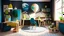 Placeholder: Children's study room at home. Modern spacious interior with desk, chair, bookshelves, chalkboard, lamps, Earth globe, plants, boxes, toys, rug, and laminate flooring. Unisex design for boy or ... See More By Studio