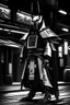 Placeholder: samurai robot in black and white cloak in a cyberpunk environment