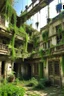 Placeholder: skeletal derelict buildings with hanging plants and vines, with mushrooms on the walls