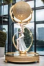 Placeholder: A magnificent golden and silver heart-shaped sign adorned with a stunning golden sphere encrusted with sparkling diamond clusters at its center, elegantly spinning in position,a girl statue standing pose