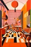 Placeholder: A light rosy orange colored workshop with jazz instruments painted by Victor Vasarely