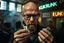 Placeholder: man looking like "Walter White" in breaking bad tv show, bald and goatee glasses, holding condoms in a crowdy slum bar, smoke and light from windows. a sign with the word "KUKRUNK" on the wall