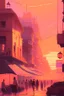 Placeholder: sunset, light pink, light orange, light yellow, light violet, buildings, city, people, market, houses, streets, lamps