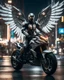 Placeholder: Facing front view A full length Beautiful humanoid Angel ,straddle wings ,mixed with a body cyborg,driving motorsport Ducati futuristic on street futuristic cyberpunk city night, 8k ultra detail photography