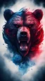 Placeholder: 2D image of abstract angry bear head symbol tattoo with rose element,blue and red tone light,motions fog smoke on dark cinematic background