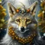 Placeholder: Masterpiece 3D render digital art photostudio quality Just a sprinkle of magic dust, a sprig of berries over a beautiful fox with a bushy tail, backdrop forest winter landscape, insanely beautiful face , silver and gold snow swirl in background, pearls and beads and gold lines