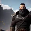 Placeholder: large muscular barbarion, heavy build, wearing fur pants, black fur boots, thick belt, long beard, shaved head, battle worn, stoic, large axe, blue eyes, eyes are both in proportion, 3/4 look, standing, dark cobblestone alley, bright fire behind, intense, non-photorealistic rendering in the art style of j.scott campbell