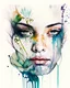 Placeholder: a hand-drawn watercolor painting of a woman's face with waterlily warped around the face like a snake, with a splash of mixed colors on a white background, sharp detail