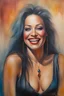 Placeholder: head and shoulders portrait, Miss Motley Crue - well-shaped, perfect figure, perfect face, laughing, a multicolored, watercolor stained, wall in the background, oil painting in the art style of Frank Frazetta, 4k, 8k, 32k UHD, Hyper realistic, extremely colorful, vibrant, photorealistic, realistic, sharp, highly detailed, professional quality, beautiful, awesome, majestic, superb, trending on artstation, pleasing, lovely, Cinematic, gorgeous, Real, Life like, Highly detailed,