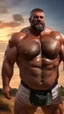 Placeholder: close up photography of a 58-year-old Italian man , strong burly chubby sweat, maneuvers a large excavator in the sun, shirtless and white boxer, opened big legs, big belly, short beard, ambient occlusion, frontal view, 4k,