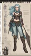 Placeholder: Morgana Avalon, bits of color, Sketch book, hand drawn, dark, gritty, realistic sketch, Rough sketch, mix of bold dark lines and loose lines, bold lines, on paper, turnaround character sheet, female half elf, Full body, arcane symbols, runes, dark theme, flowing partially braided pale blue hair, beautiful, handsome, padded leather clothing embroidered with runes, modest, leather rune embroidered boots