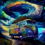 Placeholder: Volkswagen hippie bus on hill in the heavens, as storms rage around it. Melding colors in the sky. Van Gogh collaboration with Josephine Wall, highly detailed, sharp focus.