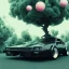 Placeholder: 1980's aesthetic vaporwave wood trees with spheres and car clasic and sexy girl balck car low intricate detail