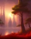 Placeholder: Landscape at night trees in the mist in the background, birds in the sky, red mars, forest