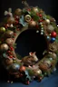 Placeholder: Antique decorated Christmas wreath in Victorian style with tiny mice scattered among decorations
