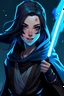 Placeholder: Female Star Wars Jedi with black hair, black cloak and a blue lightsaber, sticking her tongue out