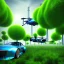 Placeholder: energy, power plant, technology, future, flying cars, green trees, blue sky, people