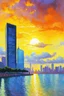 Placeholder: Amazing sunset, buildings, rocks, distant city, trees, cyberpunk, sci-fi, claude monet impressionism paintings