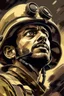 Placeholder: A movie poster of a is an Arab soldier ground down level camera view looking up camera shots in the style of oil painting