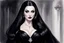 Placeholder: A bewitching portrait of Morticia Addams in a moment of seductive allure. Her obsidian black hair cascades down her shoulders, framing her pale, sculpted face with high cheekbones and piercing dark eyes. Her lips are a deep crimson, slightly parted in a knowing smile. She wears a flowing, form-fitting black gown that accentuates her slender figure, its fabric clinging sensuously. The background is a dimly lit, gothic chamber, perhaps with ornate, shadowy furnishings and a hint of cobwebs. The li